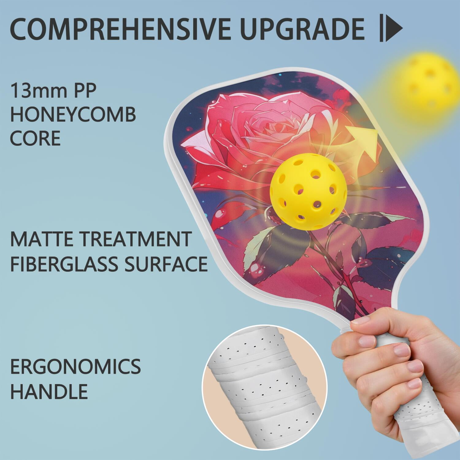 Pickleball Paddles Set Of 2, Fiberglass Surface, Rose, Floral Print, 4 Balls & Bag