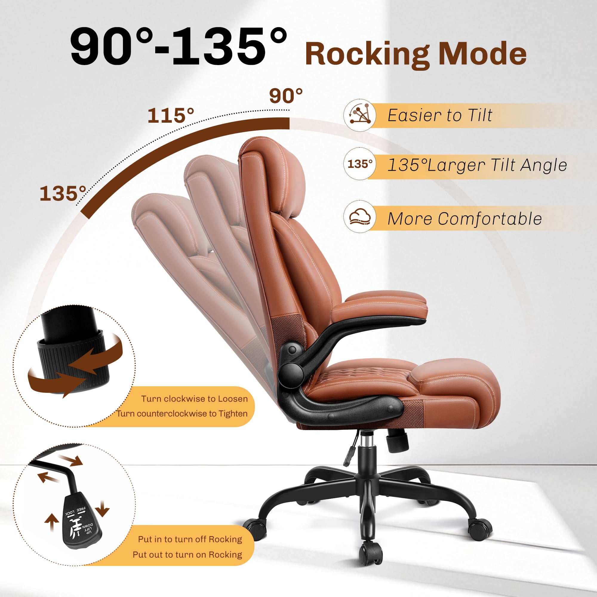 FASTES Office Chair, Ergonomic Computer Desk Chair with Rocking Function, Leather Chair with Adjustable Flip-up Armrests and Lumbar Support, Brown