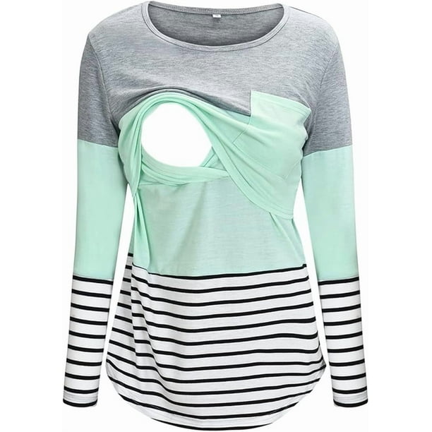 Blusa de lactancia con cuello redondo, rayas y retazos, manga larga, para embarazadas