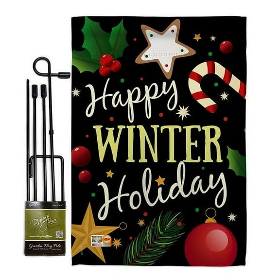 Breeze Decor BD-XM-GS-114148-IP-BO-D-US17-BD 13 x 18.5 in. Happy Winter Holiday Christmas Impressions Decorative Vertical Double Sided Garden Flag Set with Banner Pole
