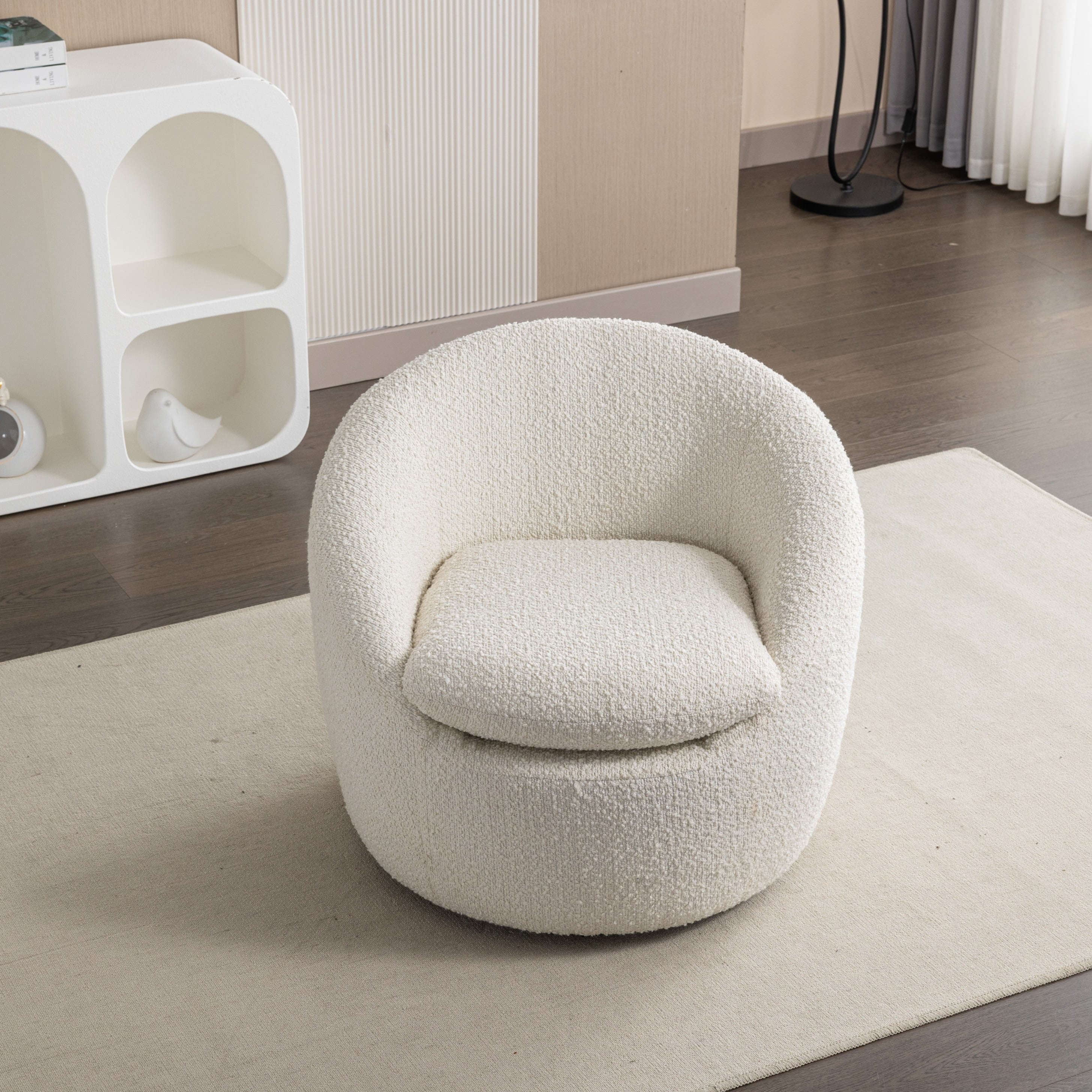 Roundhill Furniture Winnie Modern Teddy Boucle Fabric Barrel Chair, 360 Degree Swivel, White