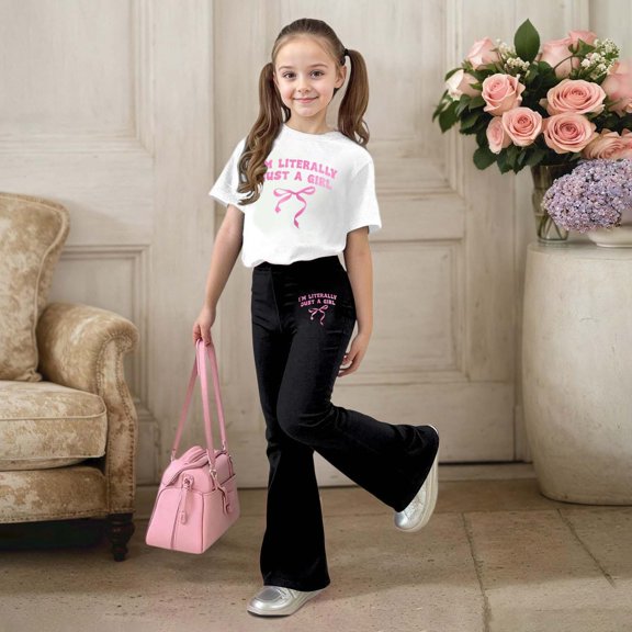 ZHOGXU Big Kids Girls Outfit Bow Letter Printed Short Sleeve Round Neck Top And Flare Leg Pants Two Piece Comfortable Fashion Sets For Daily Wear Black 10-11 Years