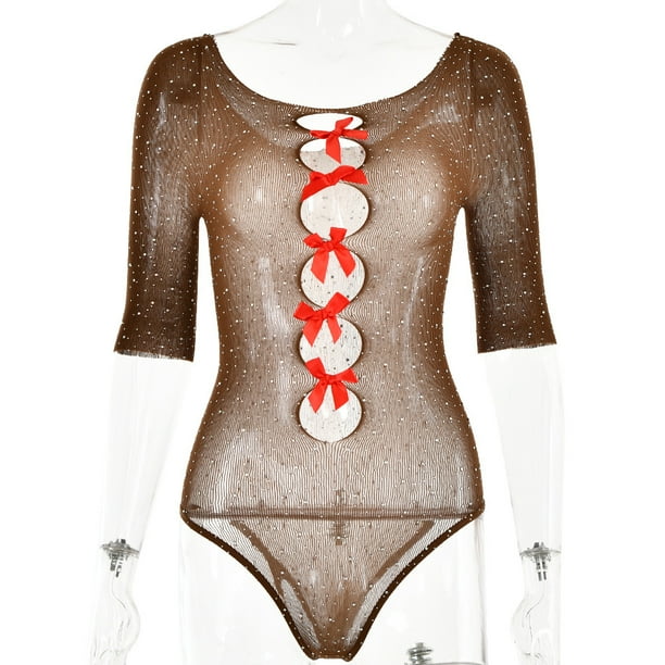 Sexy High Elastic Knitted Hollow Perspective Jumpsuit With Bow Black Three-Quarter Tight Fit Five-Point Sleeve