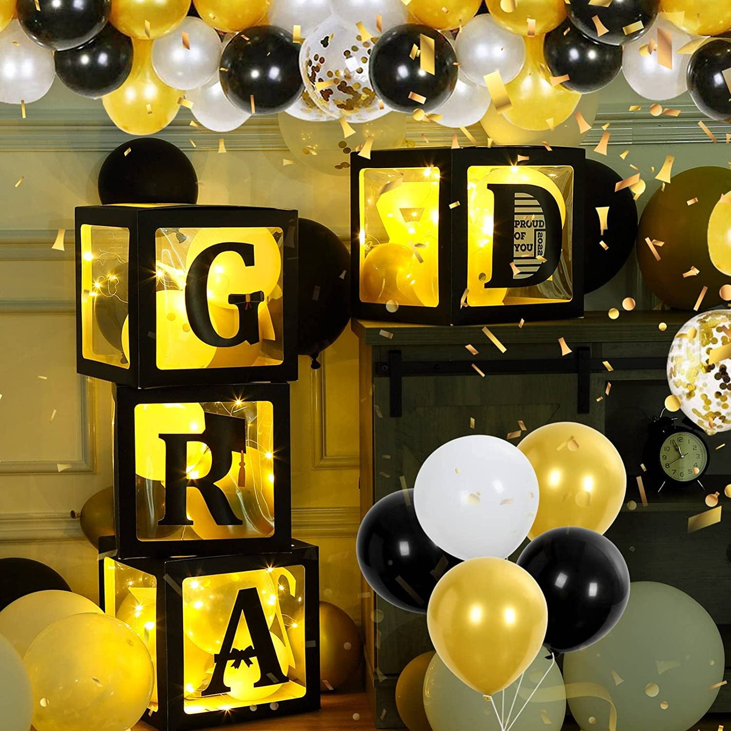 51 Pcs Gold and Black Party Decorations Kit Birthday Balloon Boxes with  Balloons and LED Light Strings Gold and Black Birthday Backdrop Photo Props