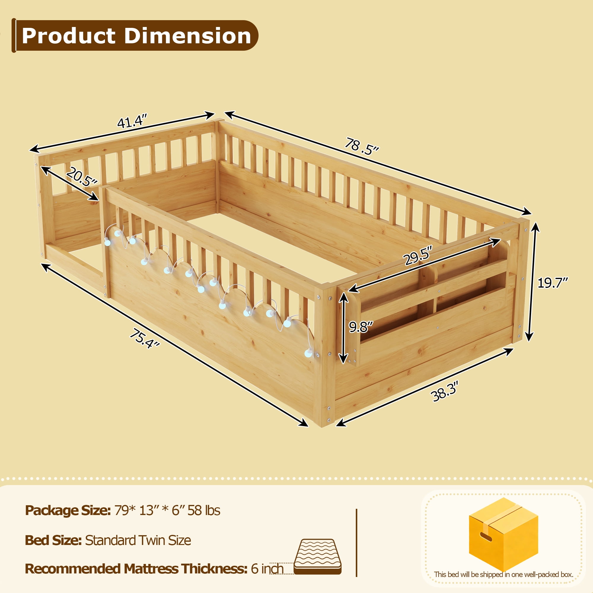 Twin Size Toddler Floor Bed Frame, Montessori Floor Bed with Guardrails, Pine Wood Bed Frame for Kids, No Slats Included, Natural
