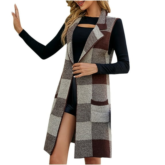 BADHUB Women's Open Front Plaid Sweater Vest Notched Lapel Sleeveless Jacquard Knit Long Cardigan Jackets Brown L