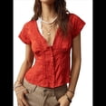 thumbnail image 3 of Blusa de Encaje con Cuello en V para Mujer, Corta, Fruncida, Ropa de Verano para Vacaciones Color Naranja M, 3 of 8