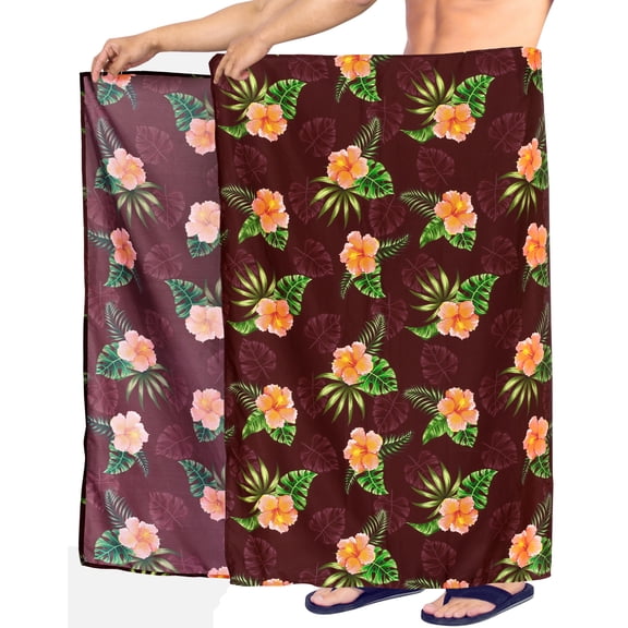 LA LEELA Men's Bath Trunk Swimwear Sarong Pareo Beach Wrap One Size Rust, Hibiscus Summer Vacation Aloha