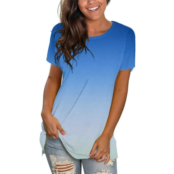 Cathalem Summer Tops for Women Summer Crew Neck Casual Tunic Tops Short  Sleeve Loose Tee Tops,Blue M