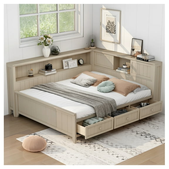 Queen Murphy Bed with 2 Side Cabinet Storage Shelves, 68-inch Cabinet Bed with Desk Combo, White