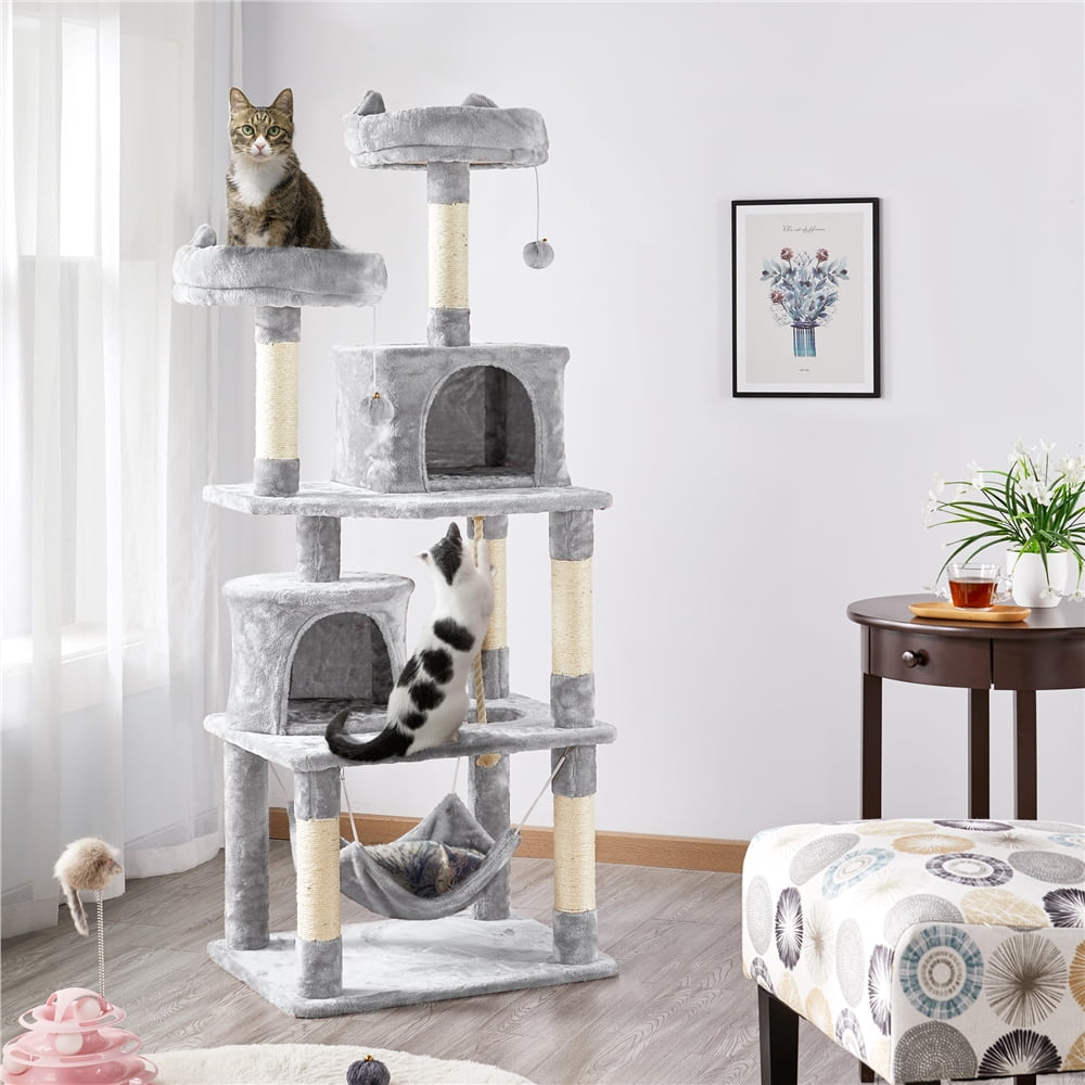 Alden Design 62" Double Condo Cat Tree and Scratching Post Tower, Light Gray