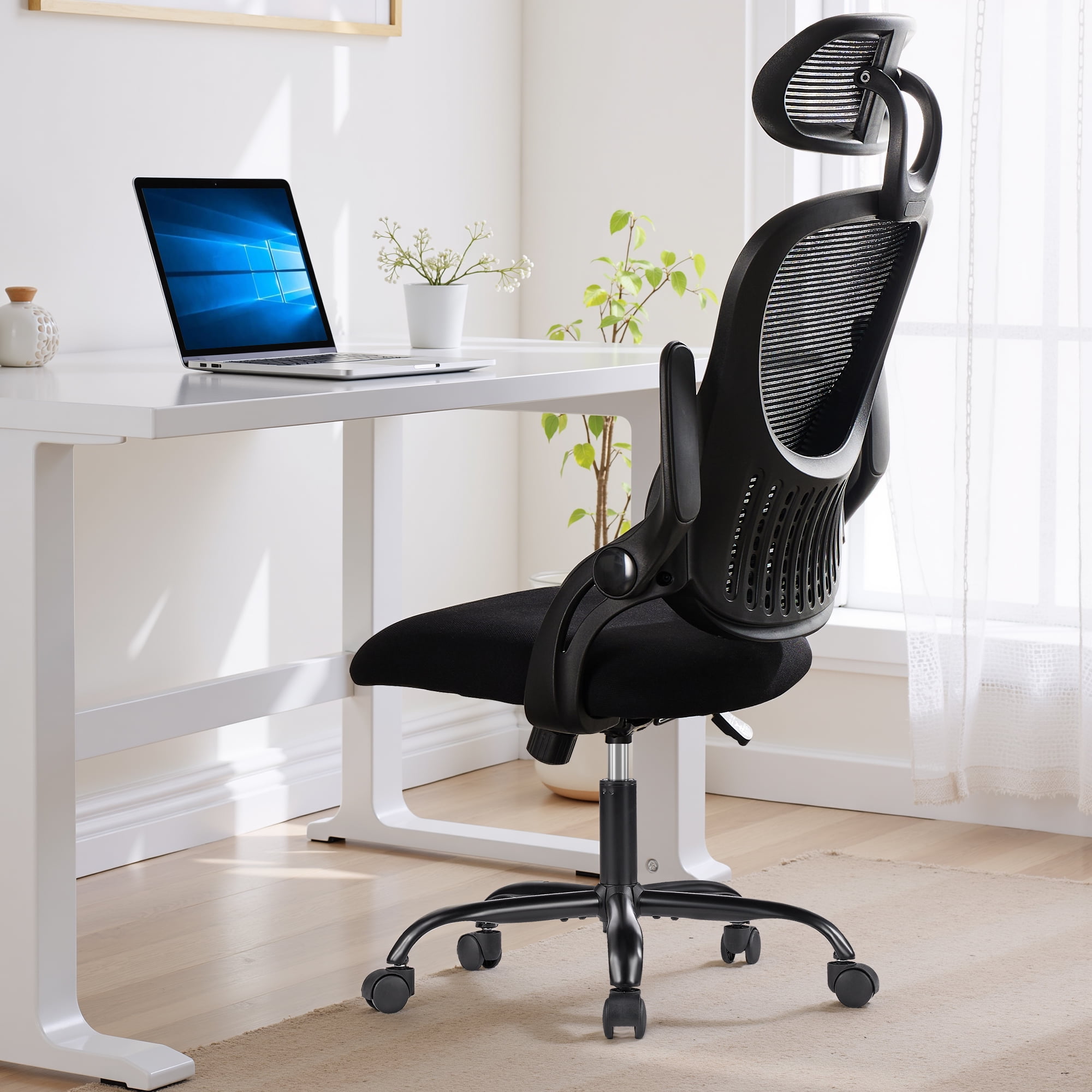 Ergonomic Office Desk Chair, High-Back Mesh Computer Chair with Adjustable Headrest, Lumbar Support, Flip-Up Armrests, Swivel Rolling Task Chair for Home Office, Black