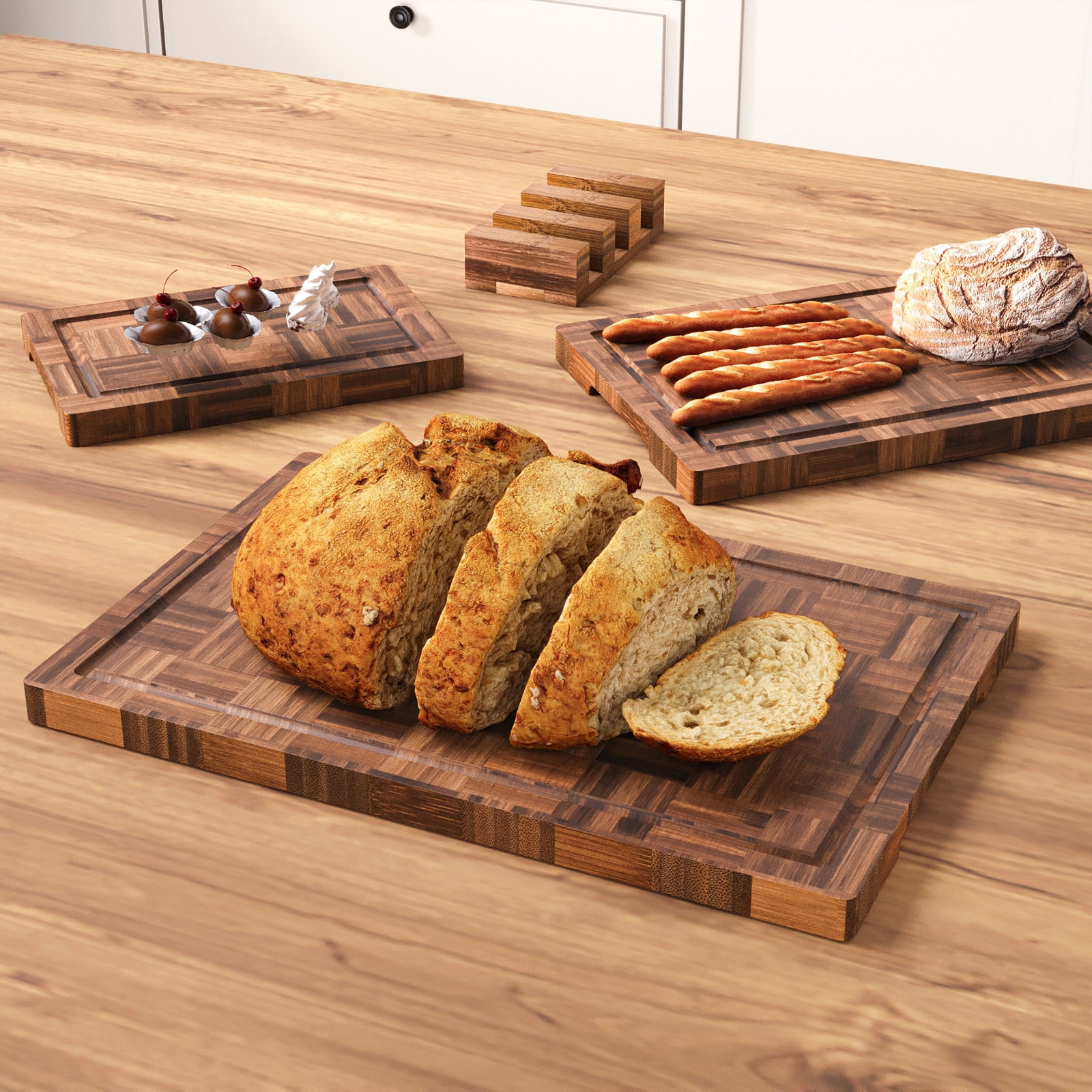 Bamboo Cutting Boards for Kitchen(Set of 3),Chopping Boards with Juice Groove,End Grain Bamboo Butcher Block,Serving Board with Holder