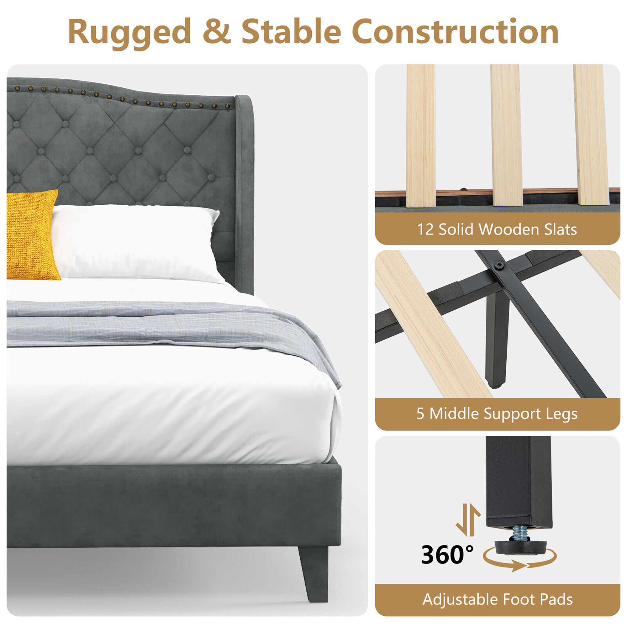 Gymax Queen Upholstered Platform Bed Frame w/ Button Tufted Headboard Noise-free