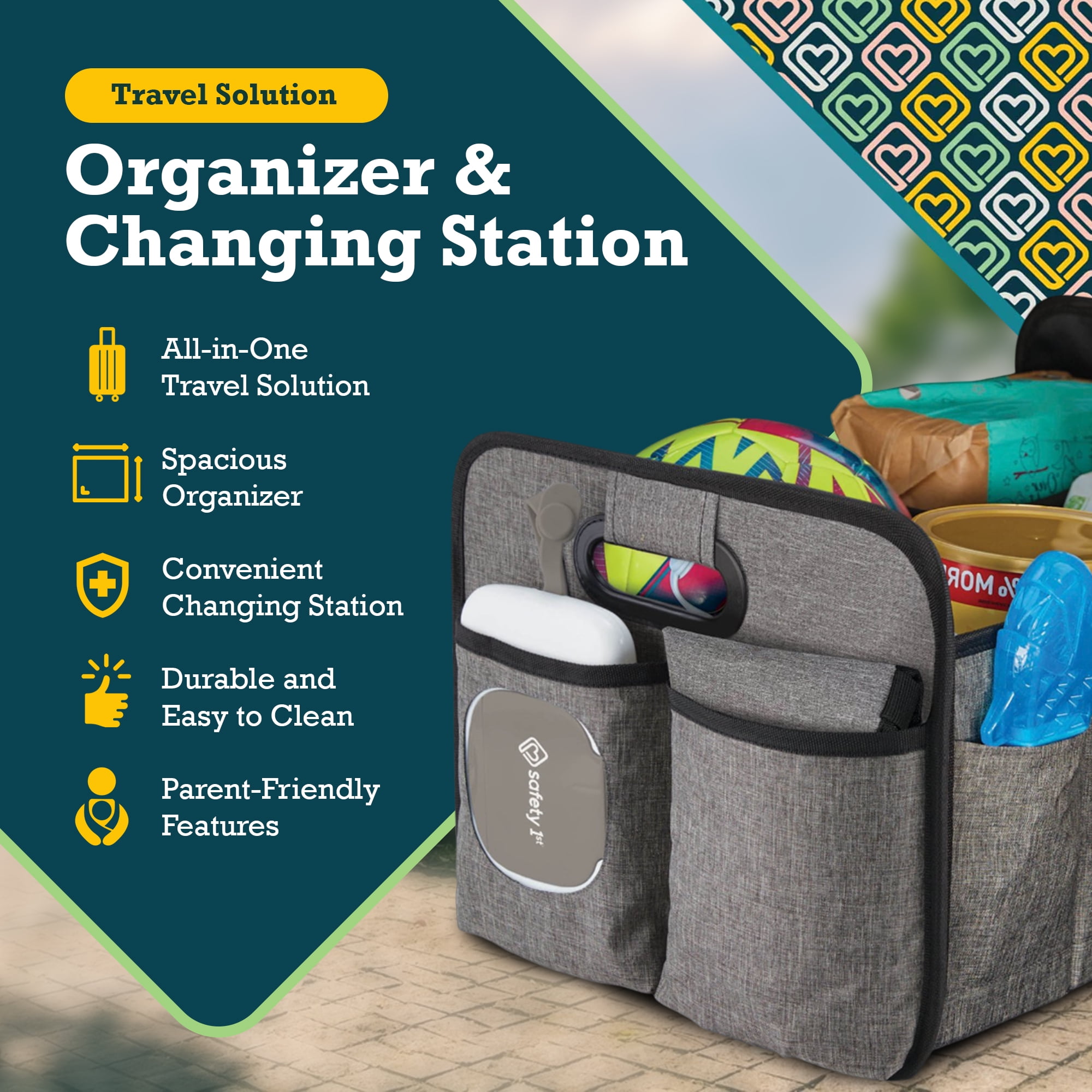 Safety 1st Child Trunk Organizer and Fold-Out Baby Diaper Changing Station Caddy with Compartments
