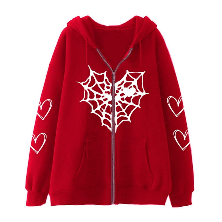 AJHSAKLt Spider Hoodie Women Heart Print Gothic Style Long Sleeve