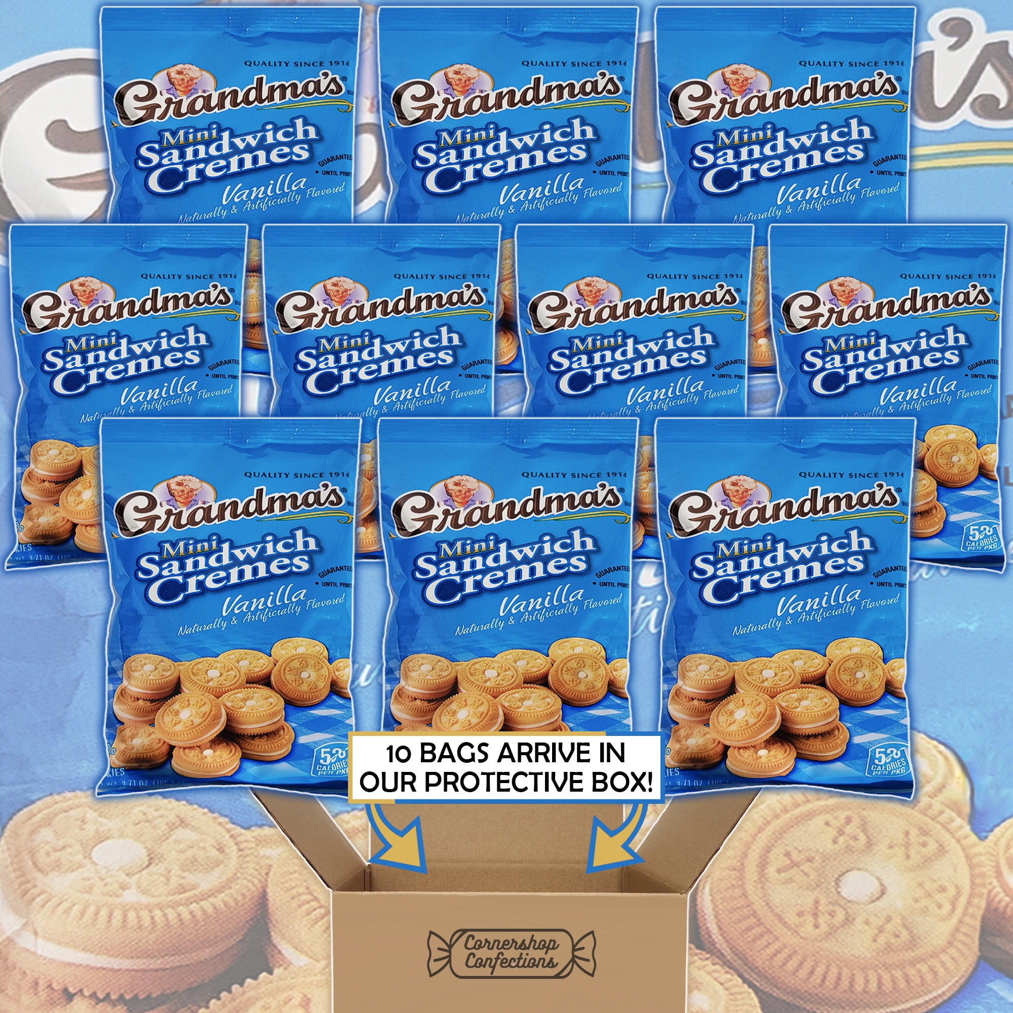 Grandma's Mini Sandwich Creme Vanilla Cookies Bulk Pack - 10 Individually Sealed Bags, Each 3.71 Ounces - For Birthdays, Lunchboxes, Work Snacks, Road Trips in Cornershop Confections Pack