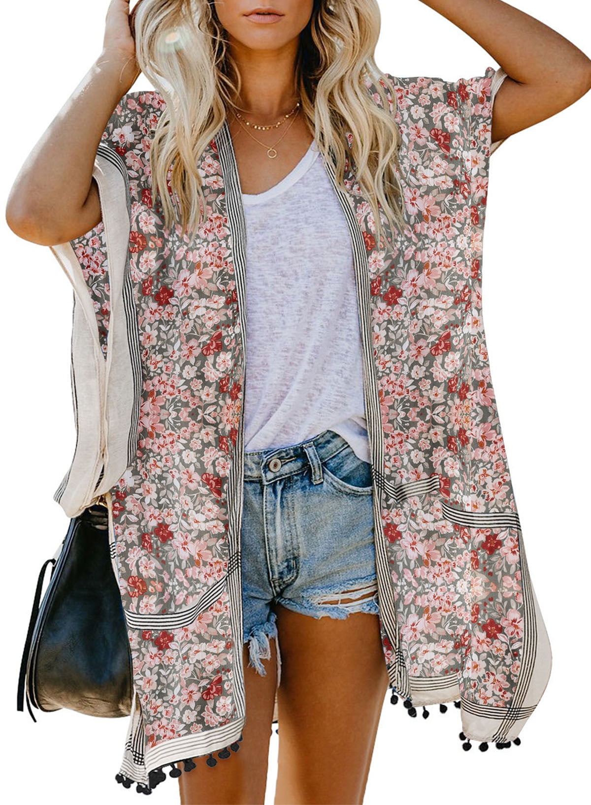 ZKESS Women Boho Kimono Cardigan Fashion Floral Print Swimsuit Cardigan