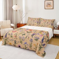 Feelyou Rustic Daisy Groovy Queen Sheet Sets for Teen, Kawaii Cartoon Butterfly Flat Sheet, Vintage Floral Flower Queen Fitted Sheet, Lightweight Room Decor, 4 Pieces