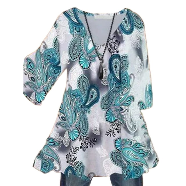 MAWCLOS Women Blouse V Neck Tops Ruched Tunic Shirt Elegant Beach Floral Print Pullover #2 3XL
