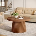thumbnail image 2 of Finmind 31.5" Round Coffee Table, Small Farmhouse Center Table with Fluted Drum Base, Mid-Century Modern Accent Table for Living Room & Small Spaces, Walnut, 2 of 9