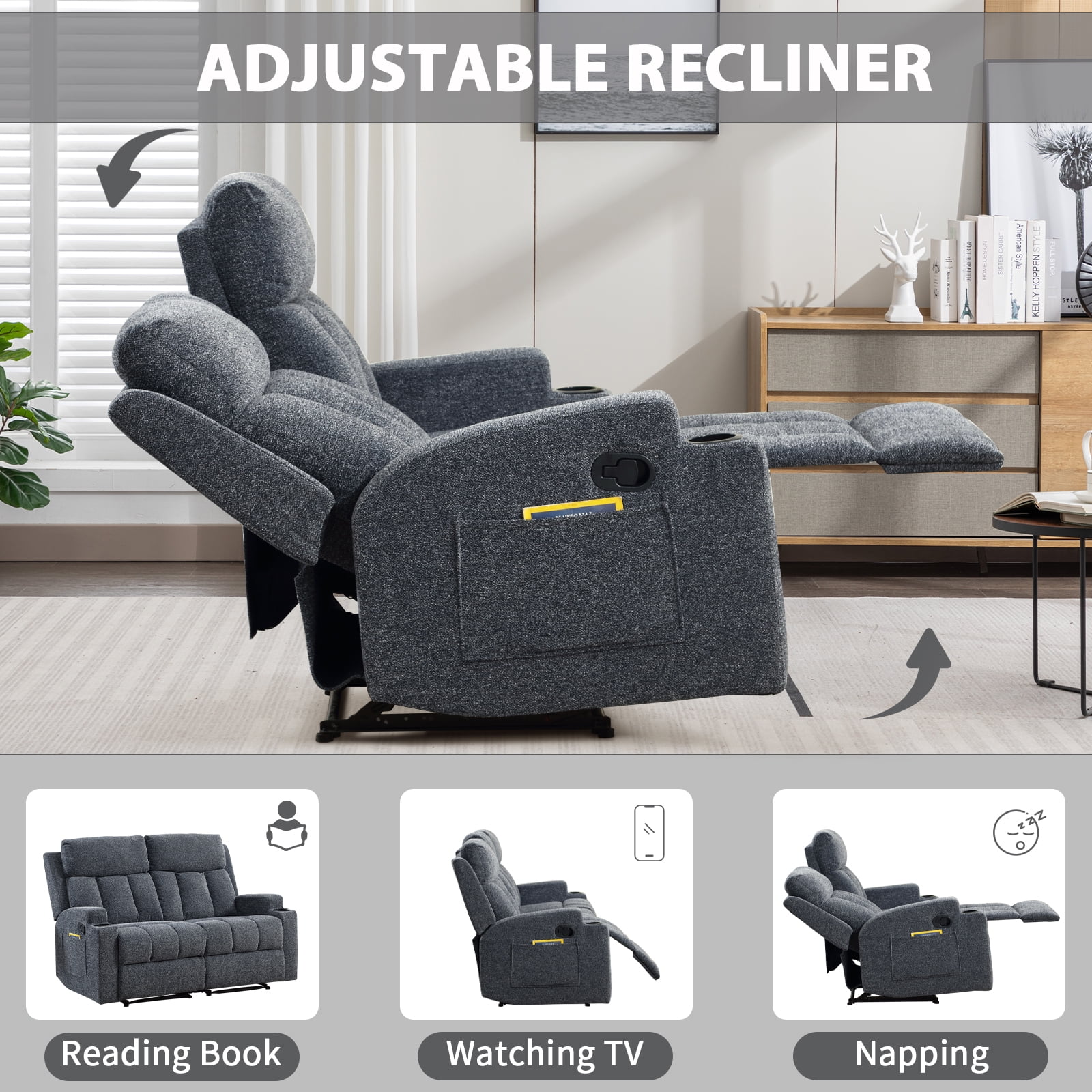 Ebello Manual Recliner Loveseat, Extra Wide Soft Fabric Overstuffed 2-Seat Reclining Sofa with Cup Holders for Living Room & Home Theater, Navy