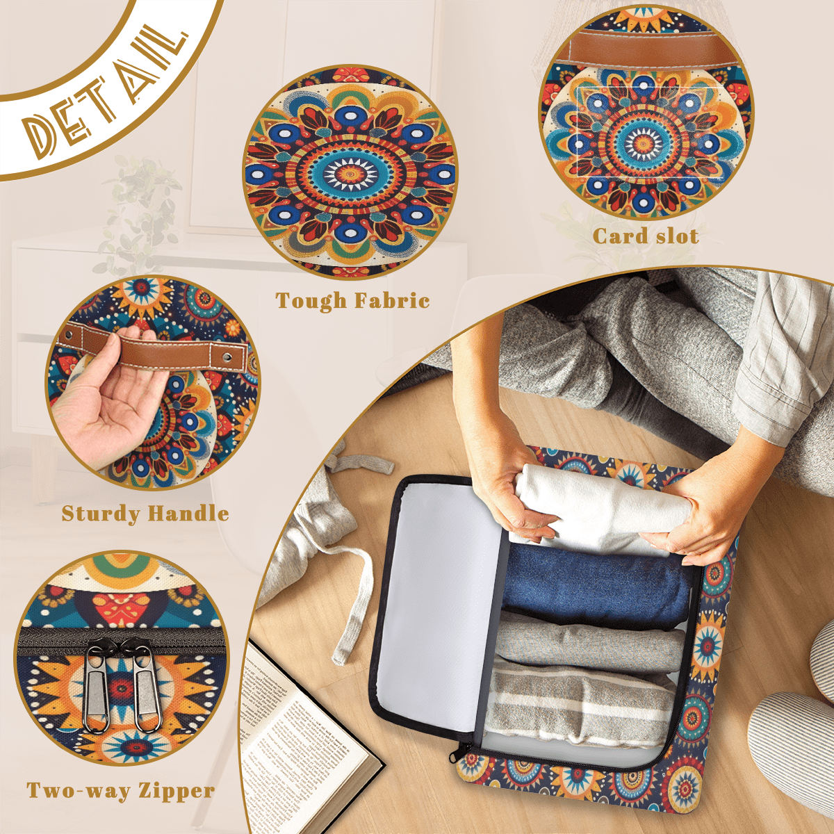 ADECORIVY Tribals Flower Circle Mandala Fabric Storage Bin with Lid, Decorative Closet Shelf Organizers, Foldable Basket Box Clothes Storage Bin with Handles