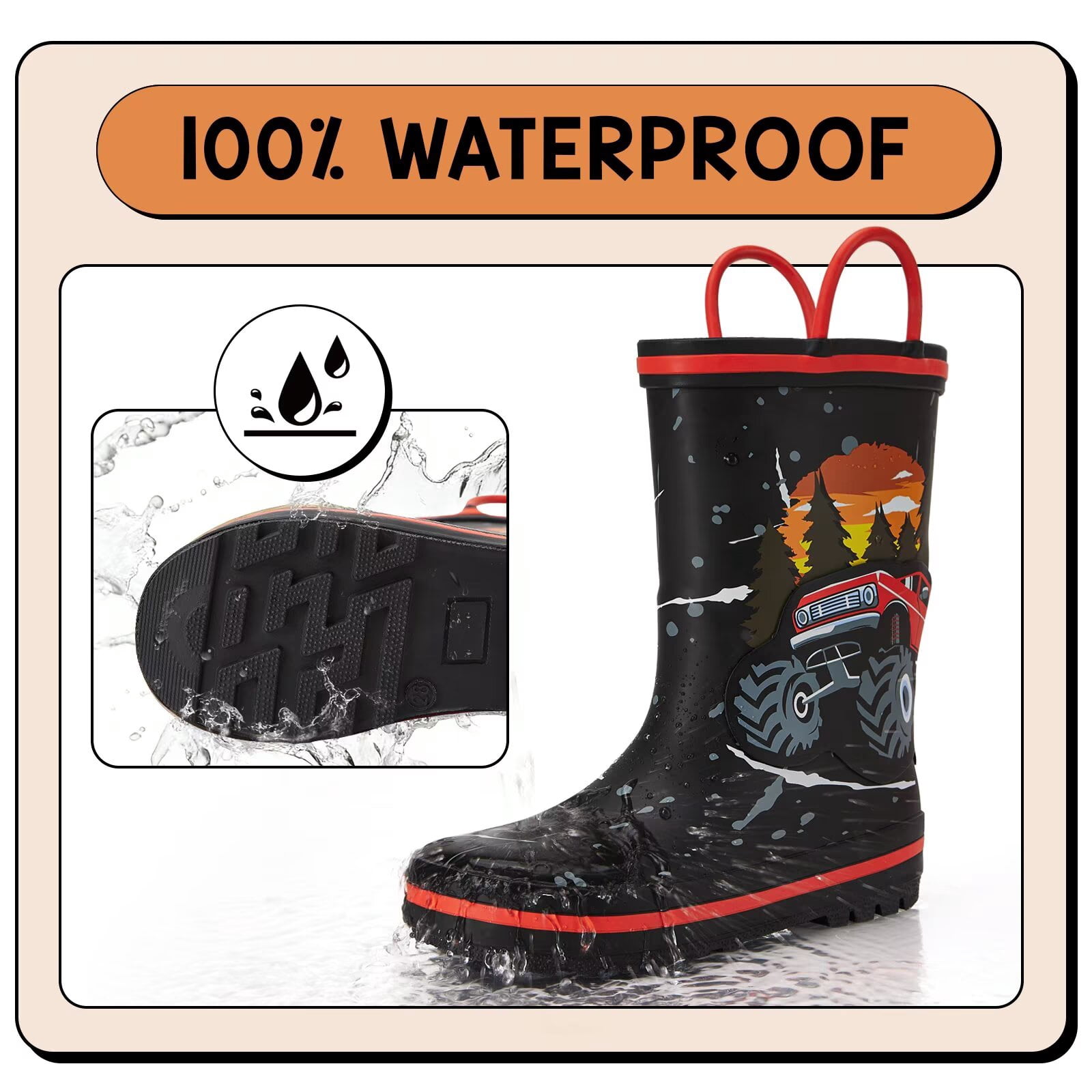 EUXTERPA Toddler Rain Boots for Boys Waterproof Kids Rubber Boots with Easy On Handles Toddler Size 5