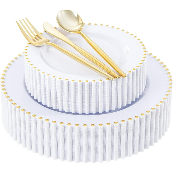 150 Pcs White and Gold Plastic Plates - Elegant Disposable Gold Plastic Dinnerware set Include Dinner & Dessert Plates Cups for Birthday Party Wedding 30 Guests