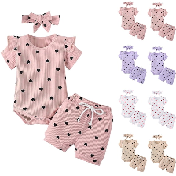 THDHVS Baby Girl Outfits,Heart Print 3 Piece Set with Flutter Sleeve Top Elastic Waist Shorts and Headband for Baby Summer Play and Outing,Toddler Girl Clothes 0-3 Months
