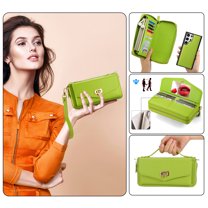 Multi-Functional Wallet Phone Case for Samsung Galaxy S22 with Card Holder RFID Blocking, Lychee Pattern PU Leather Wrist Strap & Lanyard Magnetic Phone Cover with Makeup Mirror, Green
