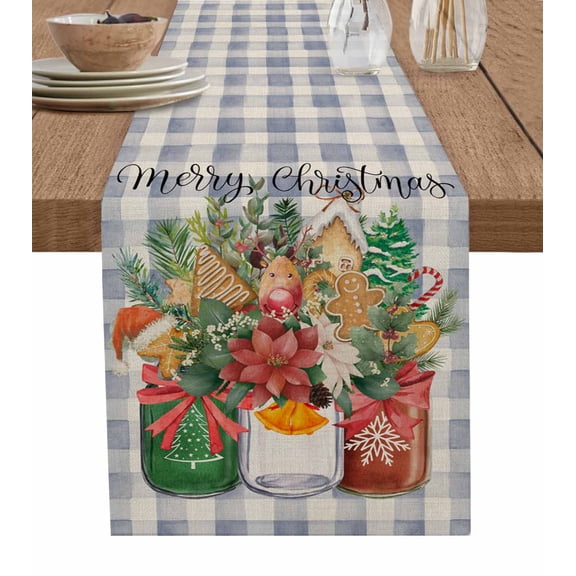Ldtrchee Christmas Table Runner 48 Inches, Winter Pinecone Bottle Flower Purple Blue Plaid Bed Runner Dresser Scarves Tabletop for Indoor Outdoor Parties/Ceremony/Banquet, 13" x 48"