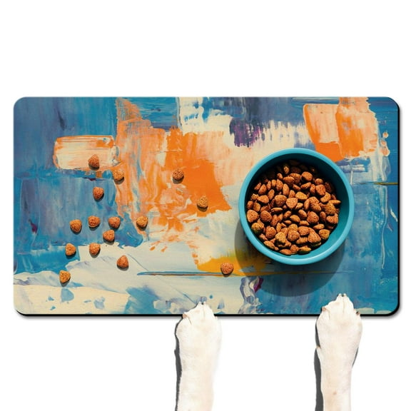 Dog Food Mat for Pet Dog Food Mat, Dog Mat for Food and Water, Pet Dog Cat Bowl Mat, Anti-Slip Reusable Water Bowl Mat with Abstract Oil Painting Orange,17inx30in