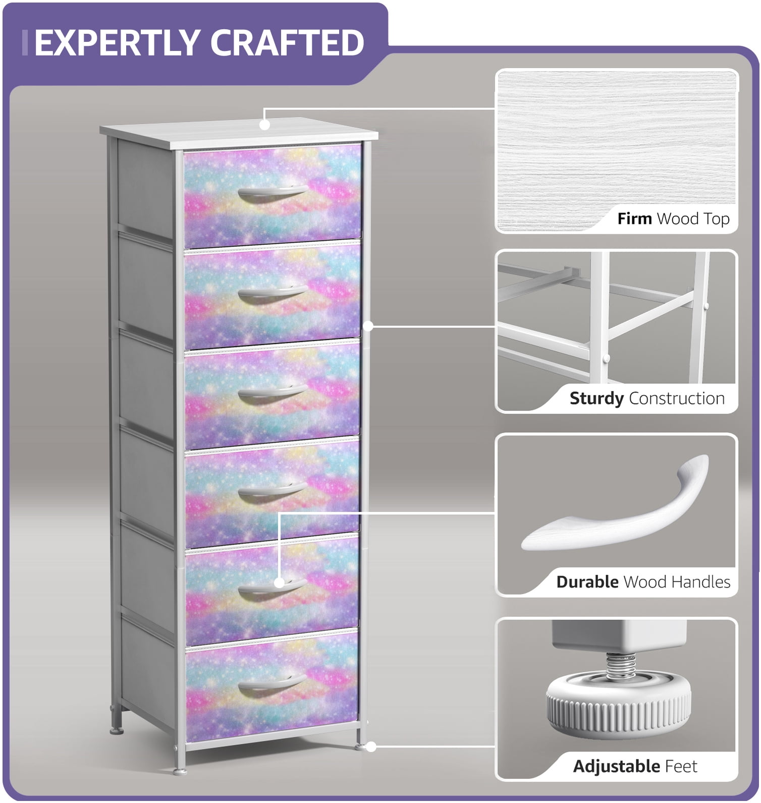 Sorbus 6-Drawer Fabric Dresser, Kids Bedroom Storage Tower, Rainbow Sparkle