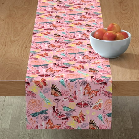 

Cotton Sateen Table Runner 90 - Dragonflies Butterflies Moths Blush Teal Coral Big Moth Butterfly Dragonfly Flowers Leaves Insects Print Custom Table Linens by Spoonflower