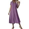 thumbnail image 2 of Nmnitkp Dresses for Women Linen Blend V Neck Maxi Dress, Short Sleeve Back Zip Closure Loose Fit Casual Summer Dresses for Women Beach Vacation & Daily Wear Purple,L, 2 of 8