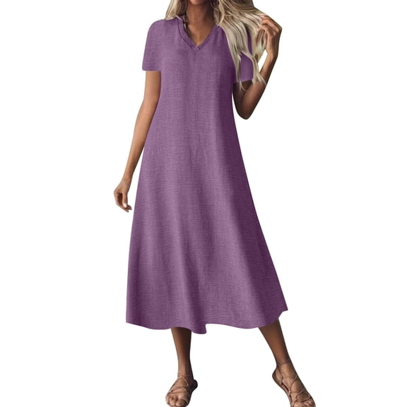 Zpanxa Casual V-Neck Dress with Short Sleeves, Solid Color Ladies T-Shirt Dress, Comfortable Everyday Summer Dress