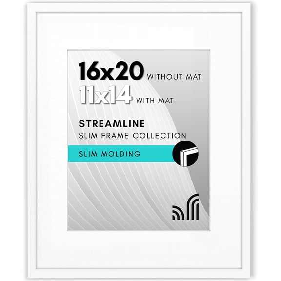 16x20 Picture Frame with Polished Plexiglass - Use as 11x14 Frame with Mat or Display 16x20 Photo Without Mat - Streamline Collection - Thin Border Picture Frames for Wall - White