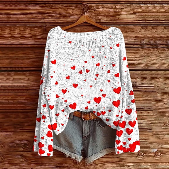 Dasayo Red Tops for Women Trendy Loose Fit Valentines Knit Long Sleeve Sweaters Love Heart Print Cute Tops Womens Tees L