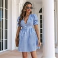 thumbnail image 2 of Women Retro Plaid Print Midi Dress Button Up V Neck Short Sleeve Ruffle Casual Dresses Blue L, 2 of 7