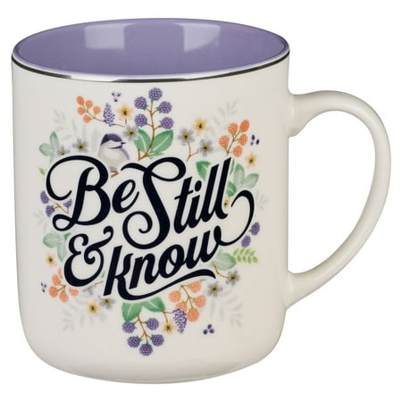 

Christian Art Gifts Large Ceramic Coffee & Tea Bible Verse Mug for Women: Be Still & Know - Psalm 46:10 Inspirational Scripture Present w/Silver Rim Lead-free Drinkware White/Purple Floral 14 oz.