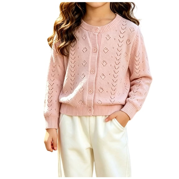 FAHXNVB Girls Button Down Cardigan Knit Long Sleeve Crewneck Sweater Solid Classic Hollowed-Out Knitwear