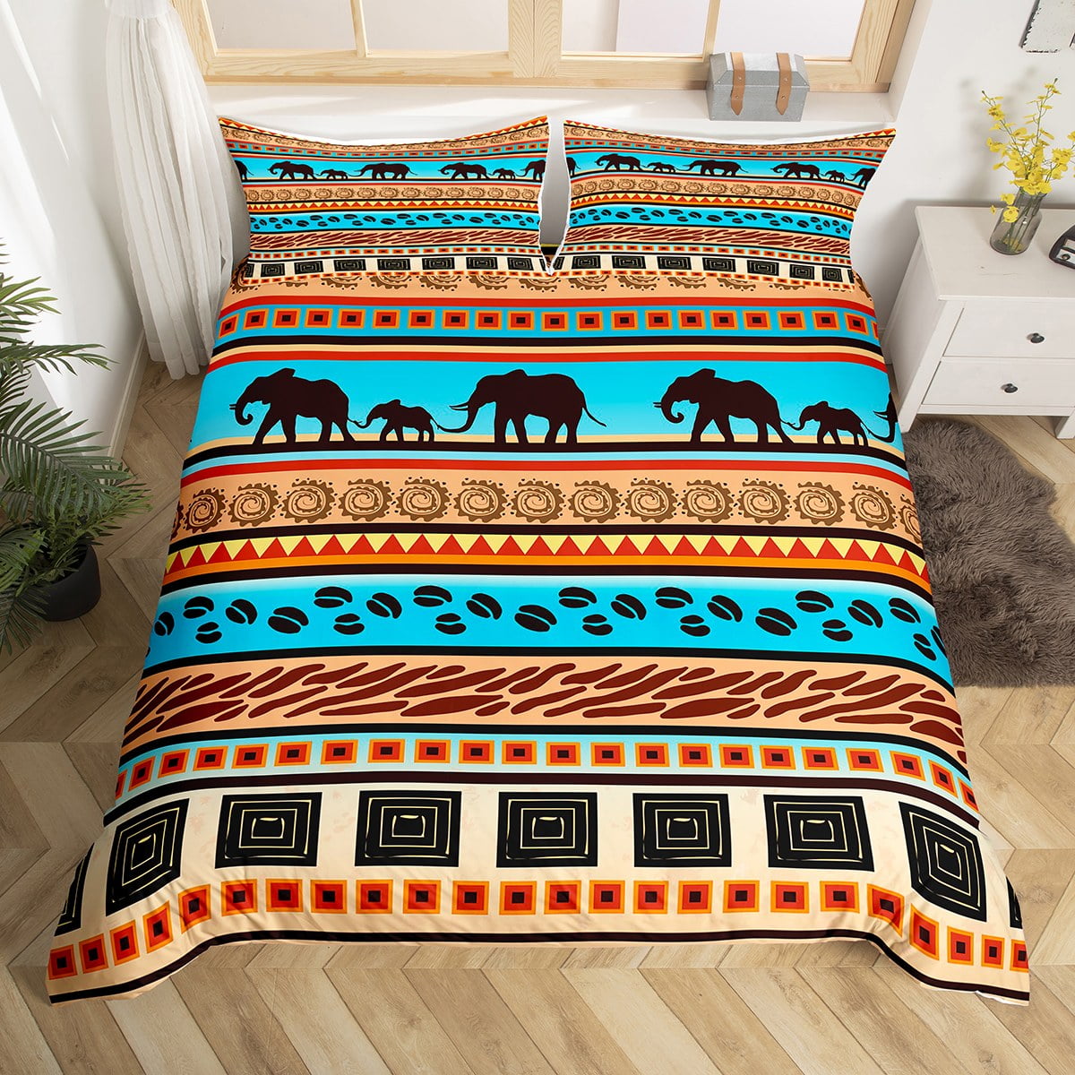 YST Elephant Duvet Cover for Kids Boys Girls,African Style Tribal Bedding Set Full,Safari Animal