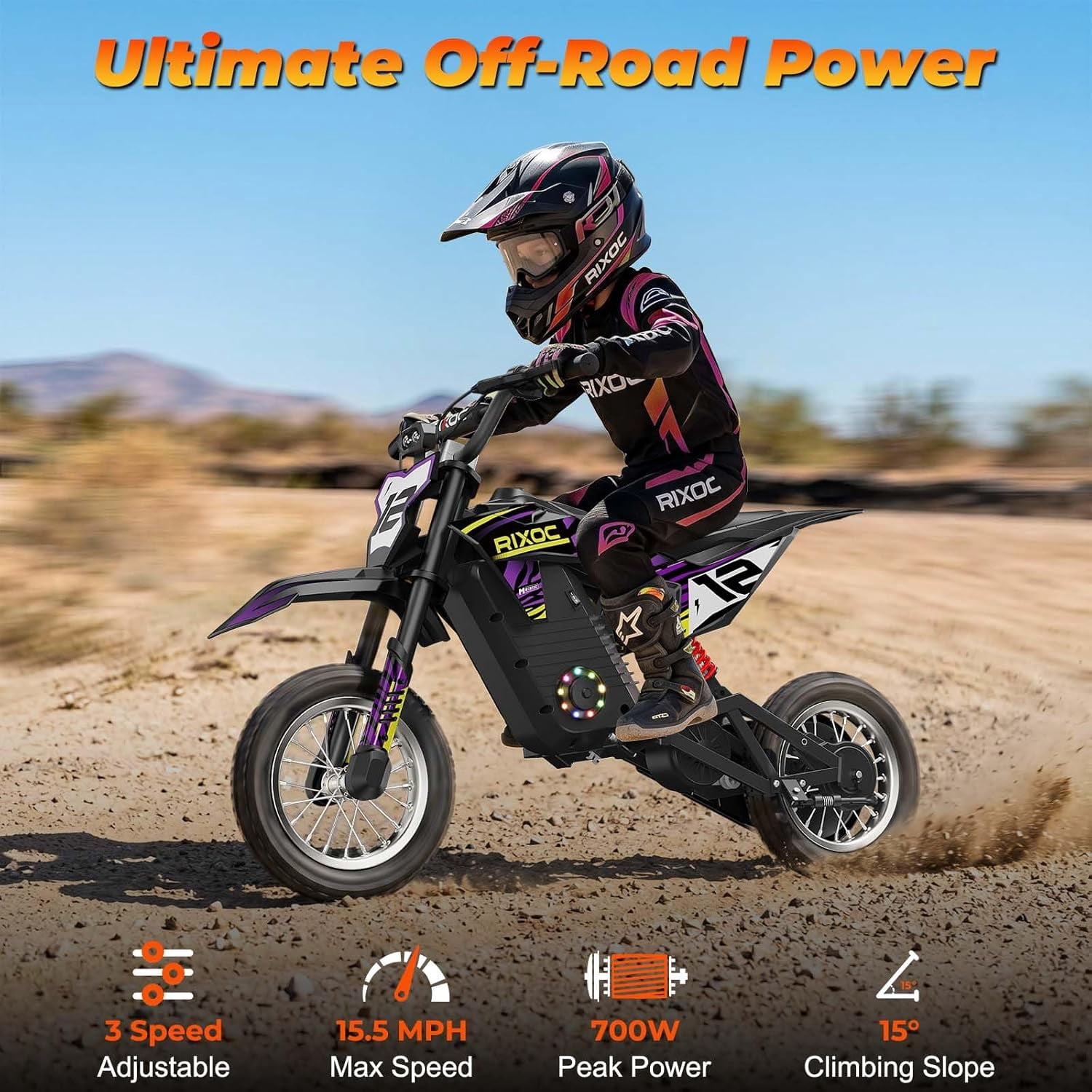 RIXOC DK-12 Electric Dirt Bike,3 Speed Modes up to 15.5 mph, 36V 5.2Ah Peak 700W Max 14Miles Electric Motorcycle for Kids Ages 3-8 UL2272
