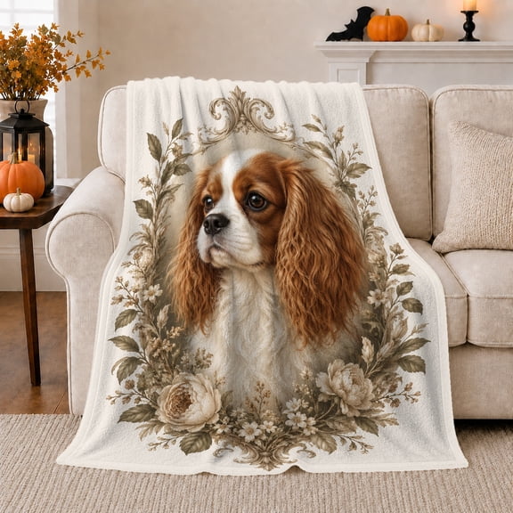 Cavalier Dog Portrait with Vintage Flowers, Gentle Cottagecore Style for Dog Lovers, Botanical Pet Art and Birthday Gift, Soft Flannel Blanket for Bedroom and Guest Room, Pet Home Decor