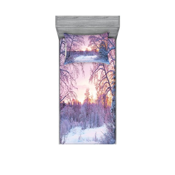 Ambesonne Landscape Fitted Sheet & Pillow Sham Set, Braches Snowy Sunset, Twinxl, Lavender Lilac White