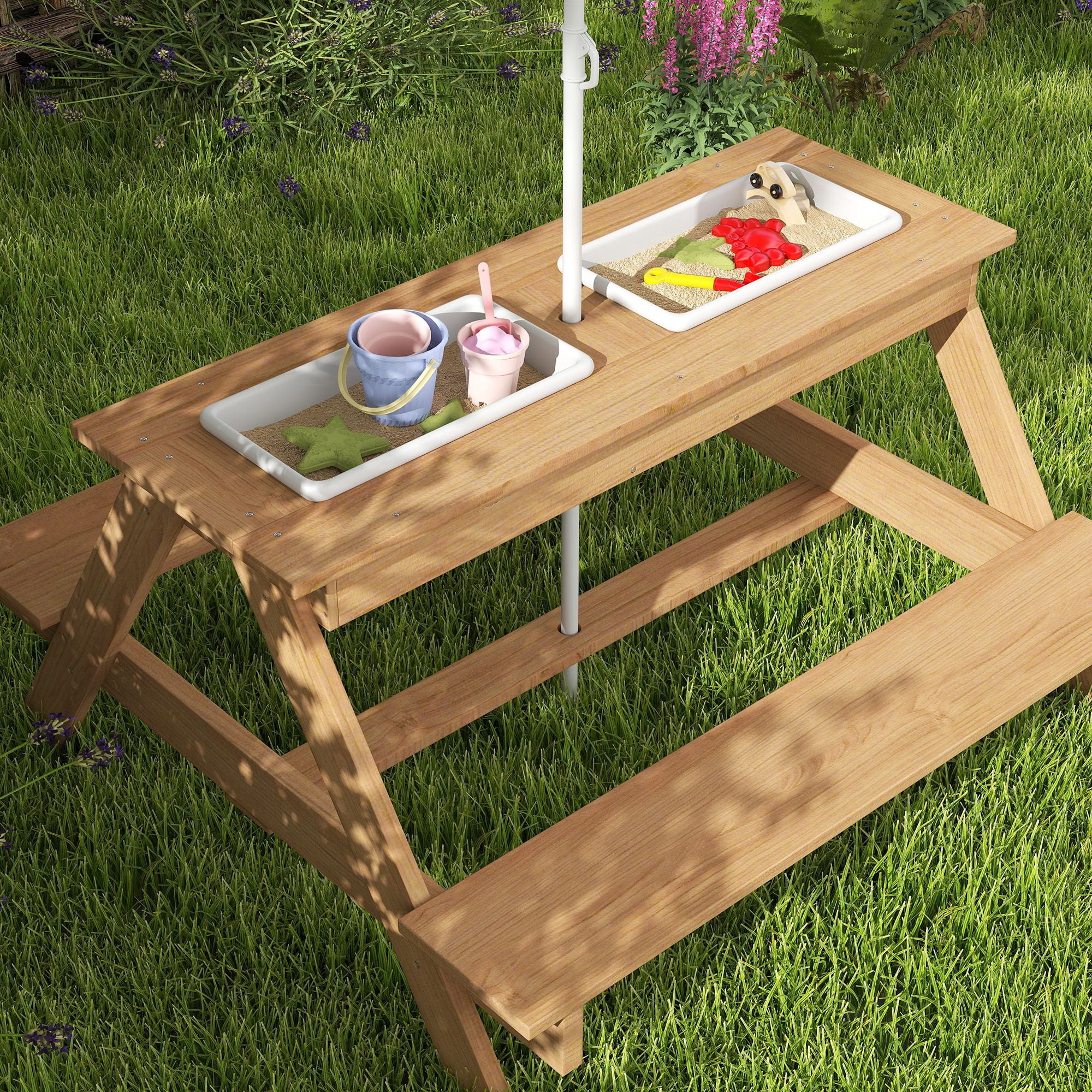 Wooden Outdoor Kids Picnic Table with Removable Umbrella, Children Sand and Water Activity Table for Patio, Mixed Color