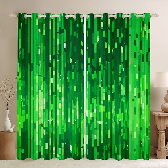 Homewish Pixel Geometric Striped Blackout Curtains Set of 2 (52x84 Each),Neon Green Window Curtains,Stripes Lines Curtains and Drapes For Kids,Super Cozy Room Decor