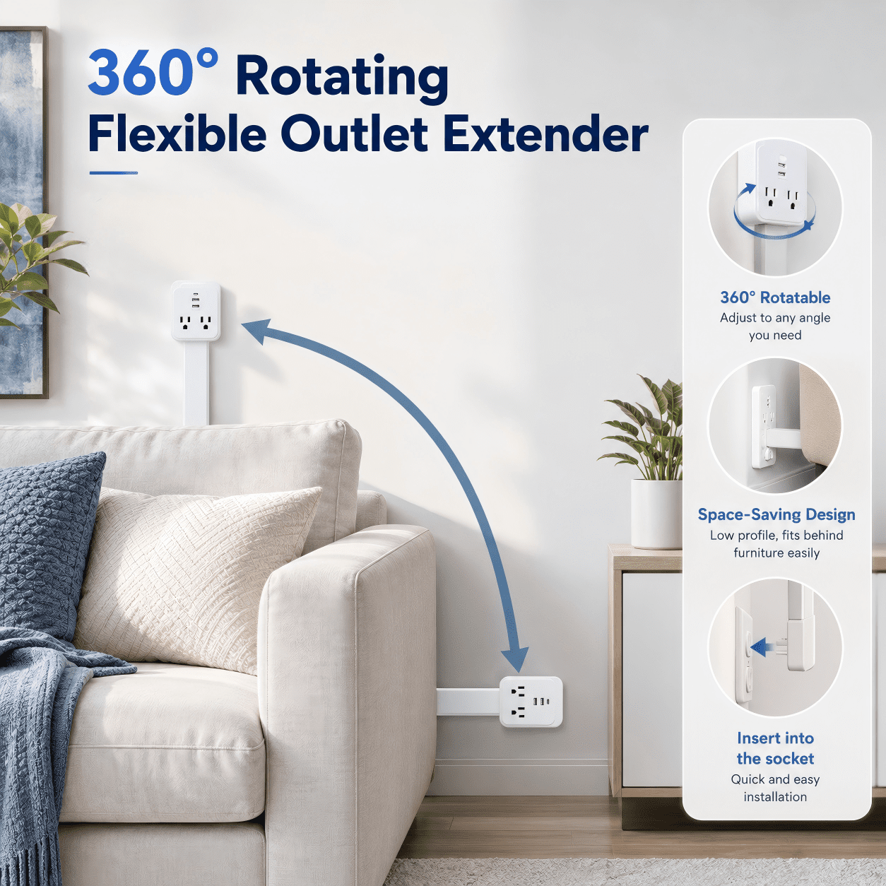 DTIRD Outlet Extender Stick, Access Hard-to-Reach Outlets, Ultra-Slim 18"-26" Adjustable Power Strip with USB-C, 2 USB-A & 2 AC, 360° Rotating Plug for Behind Couch, Bed, Nightstand & Desk