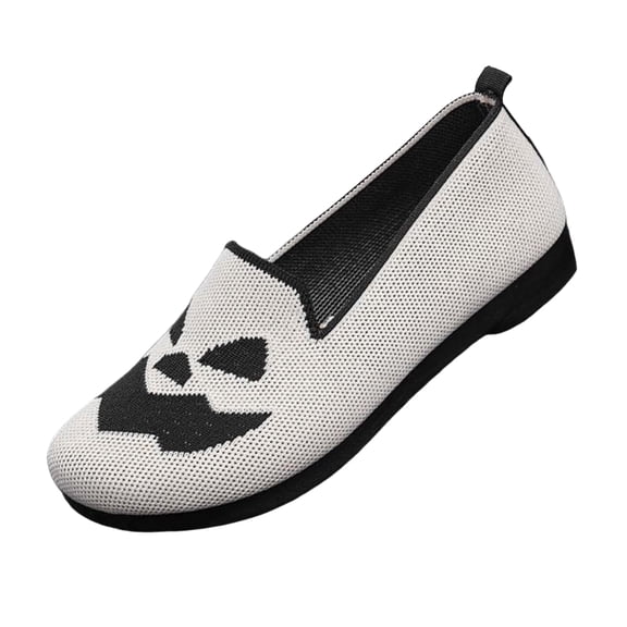 EKVAHL Womens Halloween Orthopedic Loafers, Arch Support Slip On Flat Shoes, Pumpkin Ghost Printed Casual Walking Flats for Women Beige